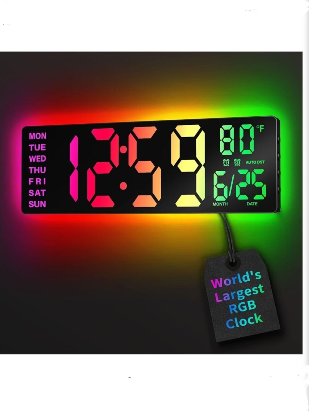 NIB Large Digital Wall Clock, BT Sync RGB Lights, 11 Scenes Mode, Remote Control